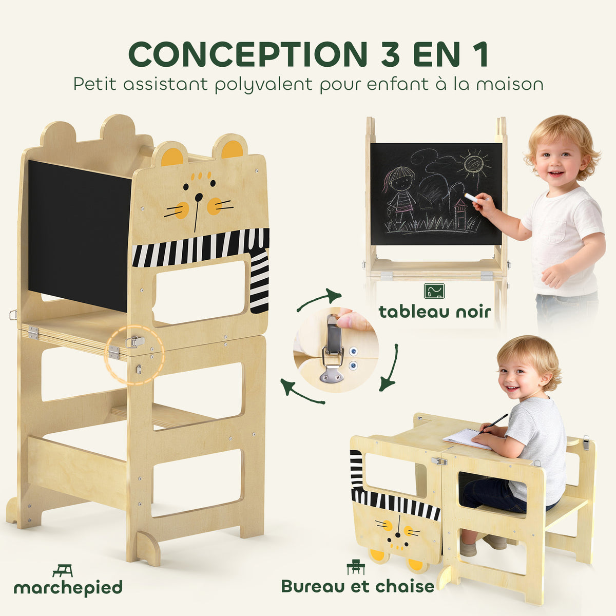 Tour d'Apprentissage Enfant 3 en 1, Tour d'Observation Enfant Pliable avec Tableau Noir, Motif Chat, Naturel-3