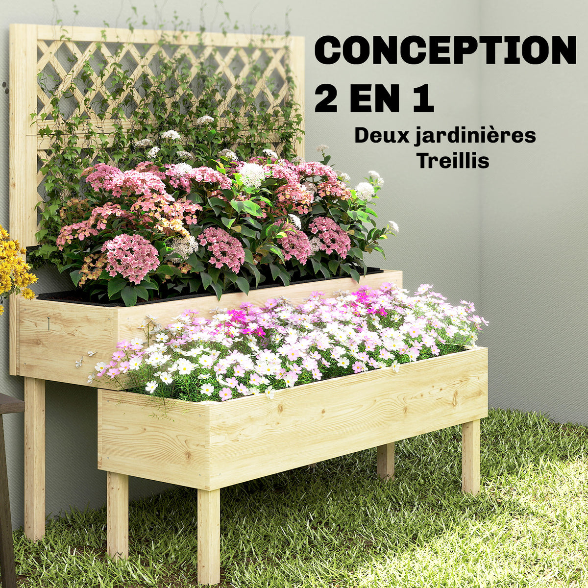 Jardinière à 2 Niveaux avec Treillis, bac à fleurs, avec tissu non tissé, 108 x 62 x 120 cm, effet bois naturelle-3