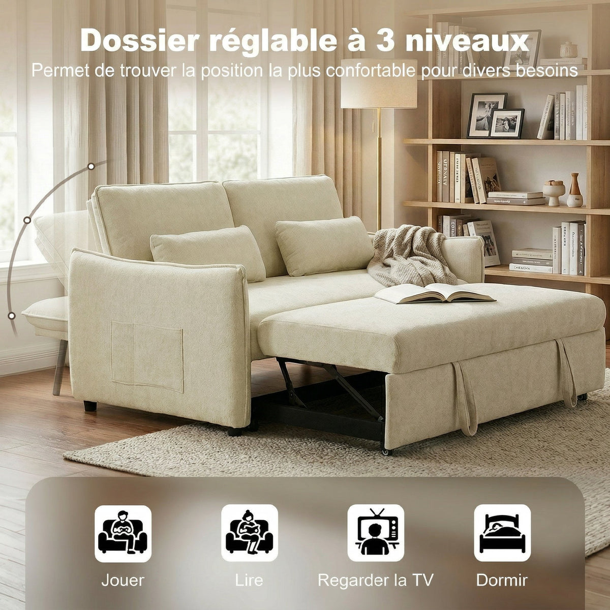Canapé convertible 2 places 3 en 1, canapé-lit clic clac en chenille avec dossier réglable, porte-gobelets, beige-4