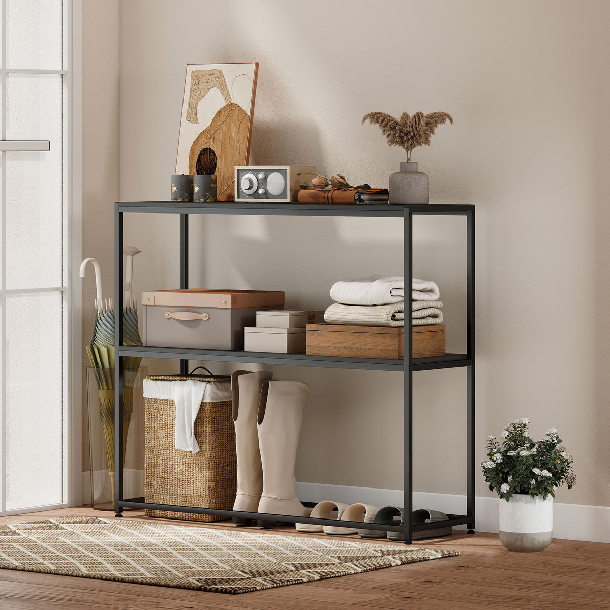 Table Console en Acier 2 Étagères Design Moderne pour Salon Entrée Couloir 100 x 30 x 87 cm Noir-7
