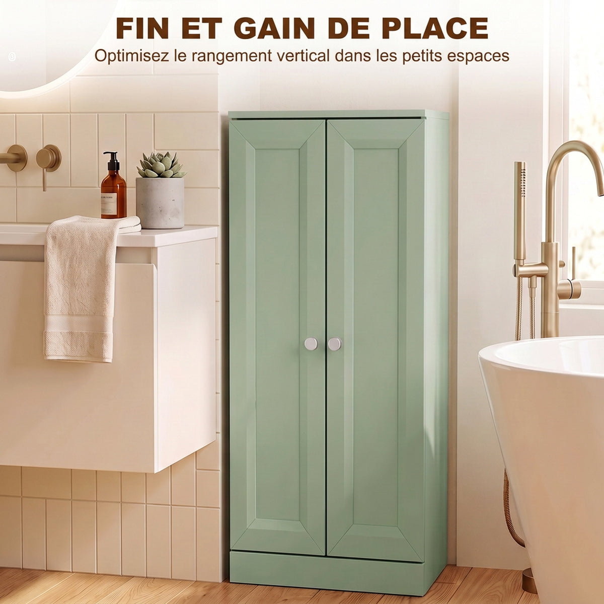 Meuble de Salle de Bain Étroit, Meuble de Rangement Sur Pied avec 2 Portes et 3 Étagères, pour Salon, Chambre, Vert-4