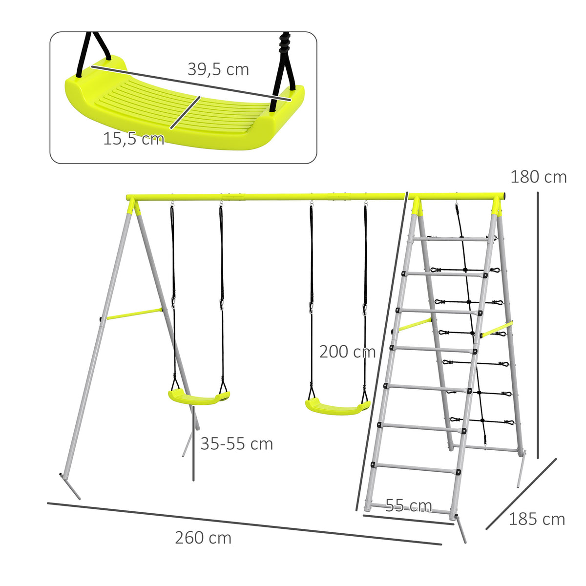 4 en 1 balançoire portique pour enfant avec 2 siège de balançoire échelle grimpeuse et filet d'escalade vert-2