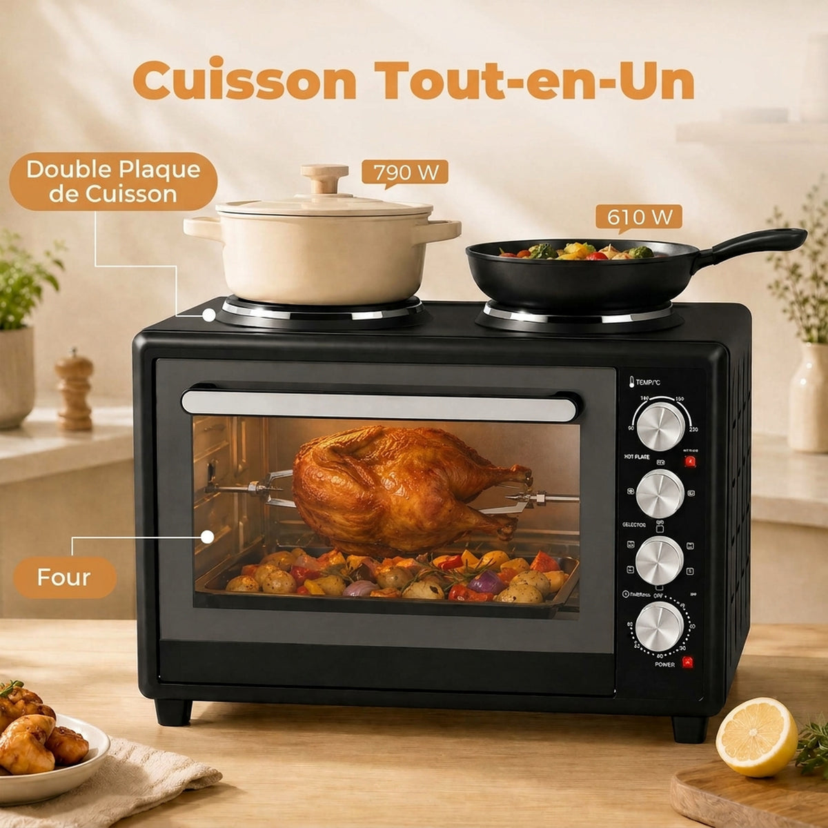 Mini-Four avec 2 Plaques de Cuisson et Broche Rotative 46L 2850 W, Four à Convection Multifonction, Minuterie, Noir-3