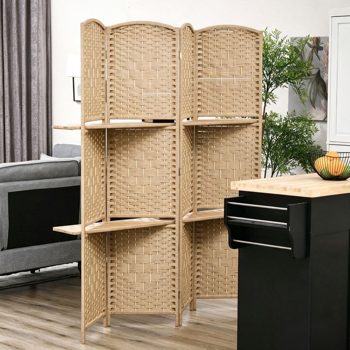 Paravent séparateur de pièce 4 panneaux 160 x170 cm avec 2 étagères, pliable, en bois-1