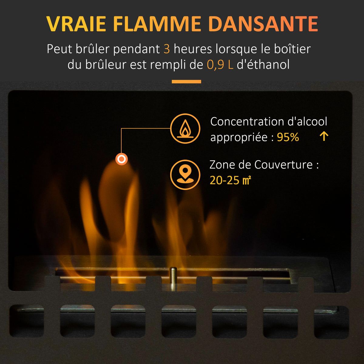 Cheminée bioéthanol sur pieds avec réservoir 1,2 L, environ 3 h de durée de combustion couverture 25 m² 41 x 25 x 54 cm-3
