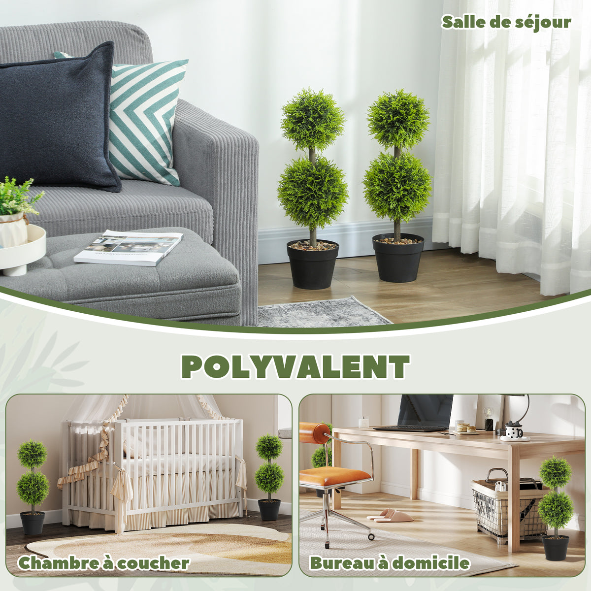 Lot de 2 plantes artificielles décoratives, boules de buis artificiel 60 cm avec pot, plastique, vert-4