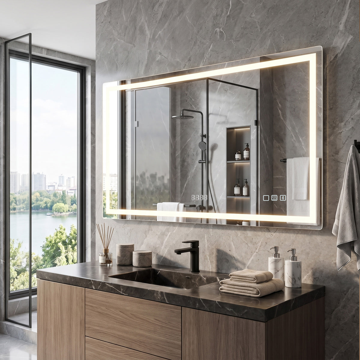 Miroir salle de bain LED bluetooth 140 x 80 cm interrupteur tactile lumière réglable 3 couleurs anti-buée mémoire argent-4