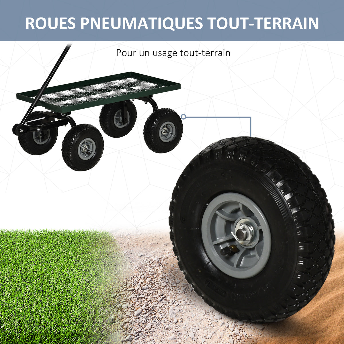 Chariot de transport jardin remorque à main charrette à bras 4 roues 94L x 48,5l x 100H cm charge max. 150 Kg métal vert-4