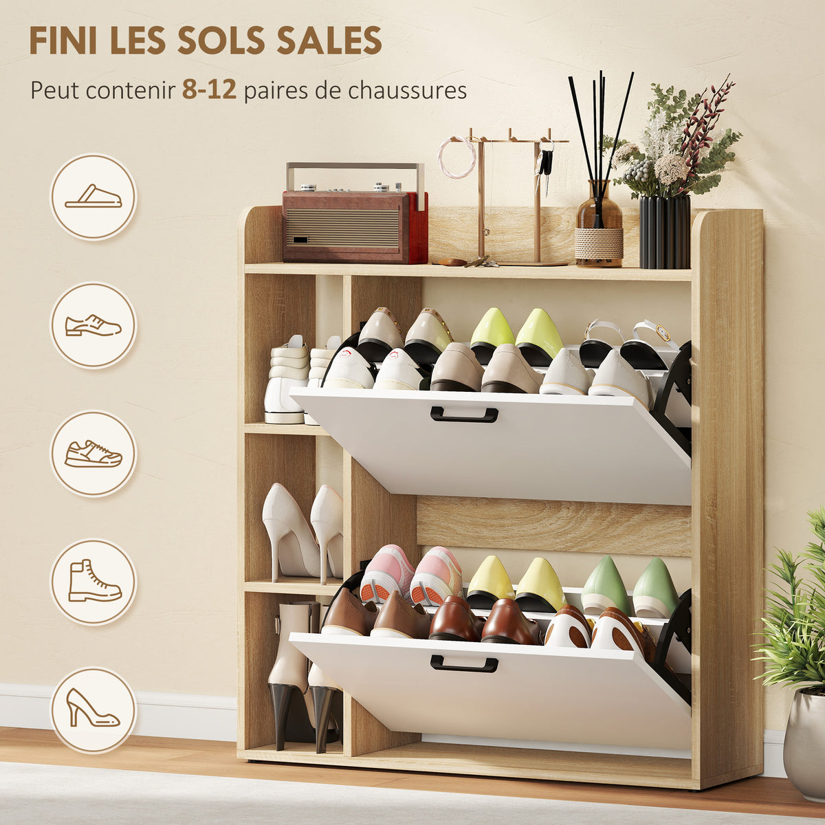 Meuble à chaussures 15 paires, armoire à chaussures moderne avec 2 tiroirs rabattables, 83x24x90,5cm, effet bois naturel-3