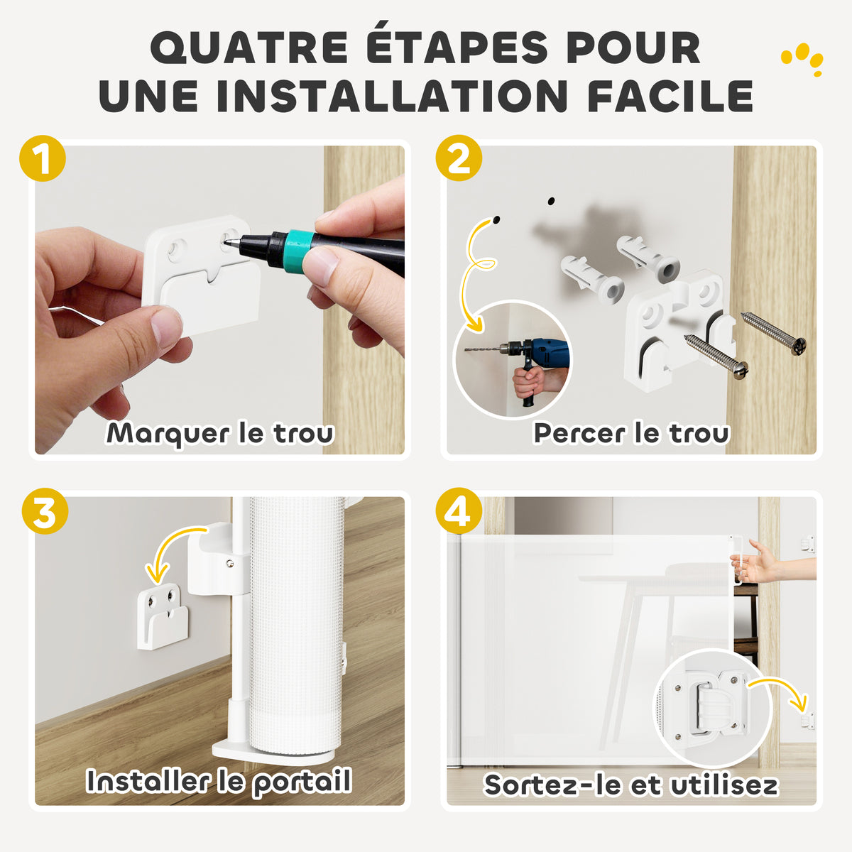 Barrière rétractable pour chien de 0 à 144 cm barrière d'escalier et de portes pour chien chat avec verrouillage blanc-5