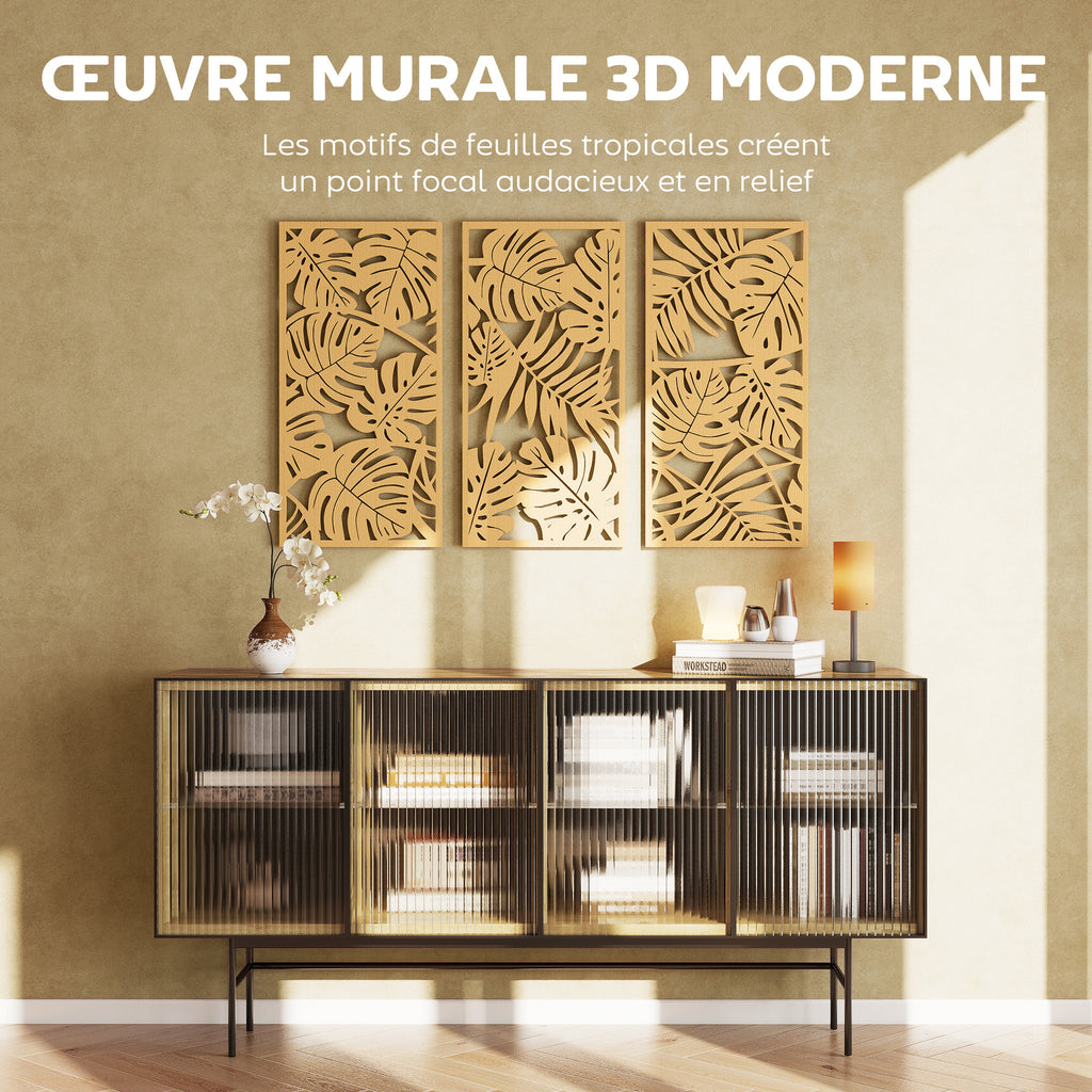 Ensemble de 3 Décorations Murales en Bois 3D, 40 x 80 cm, Feuilles Tropicales, Effet Bois Naturel-3