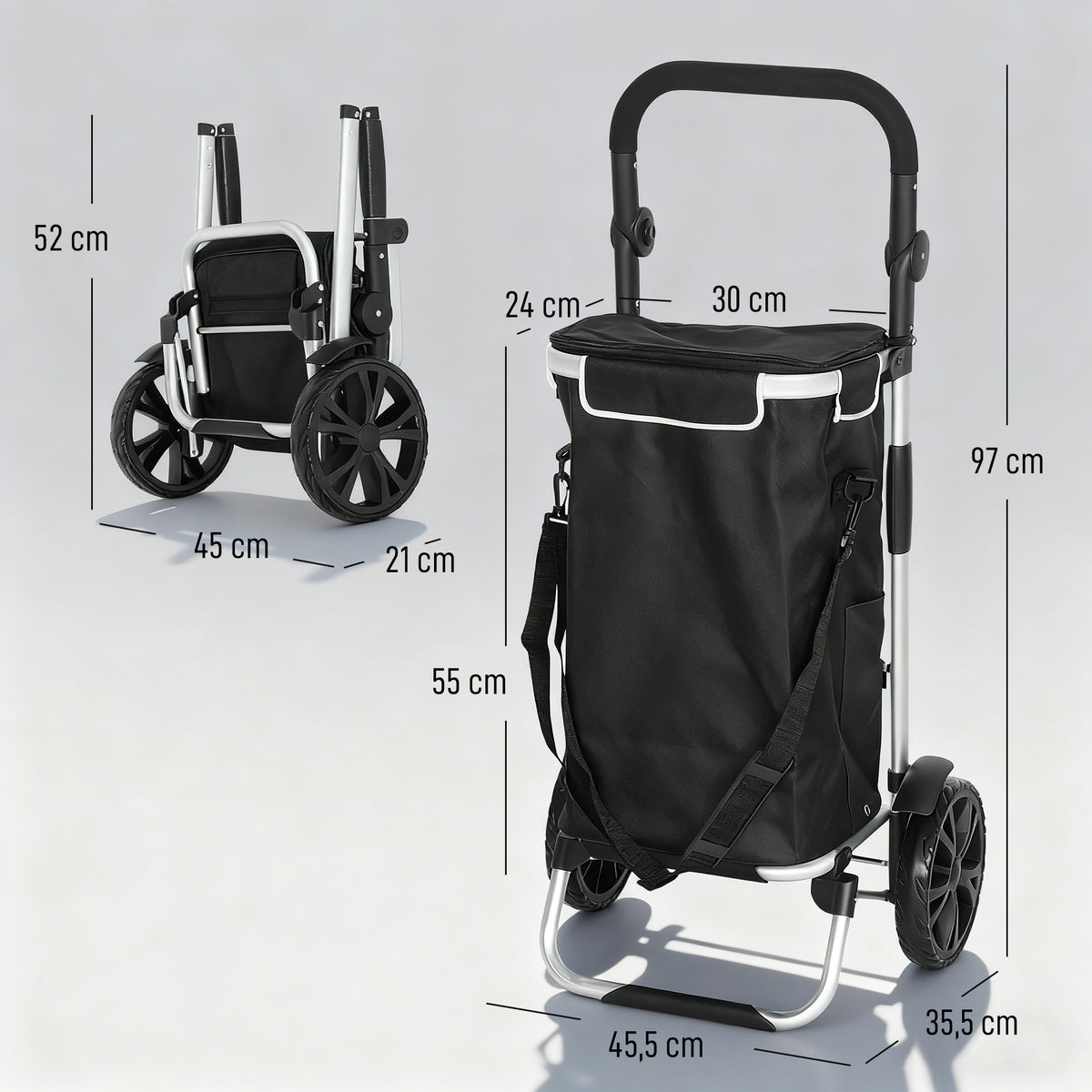 Chariot de courses pliable 40 L caddie de courses portable à roulettes avec poignée télescopique, 45,5x35,5x97cm, noir-2