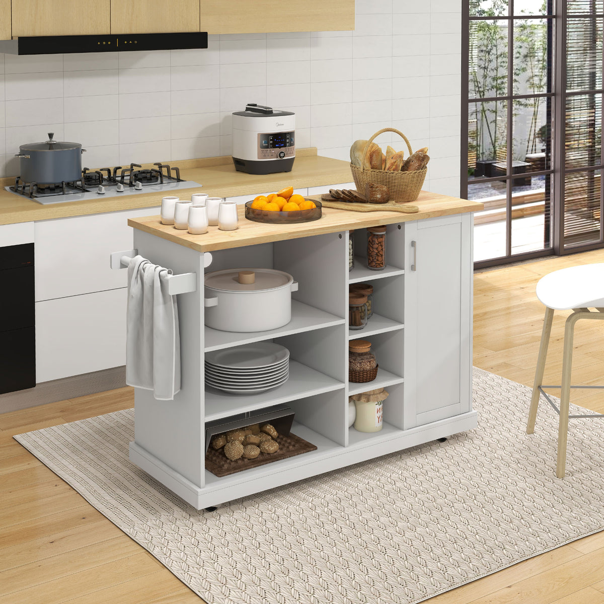 Desserte îlot de cuisine sur roulettes 7 compartiments 1 placard 1 porte 1 porte torchons 129 x 51 x 93 cm bois et blanc-1