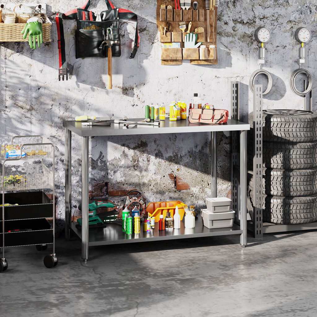 Table de travail, établi d'atelier en acier inoxydable 2 étagère, pour atelier, garage, hangar, 120x60x86cm, argenté-9