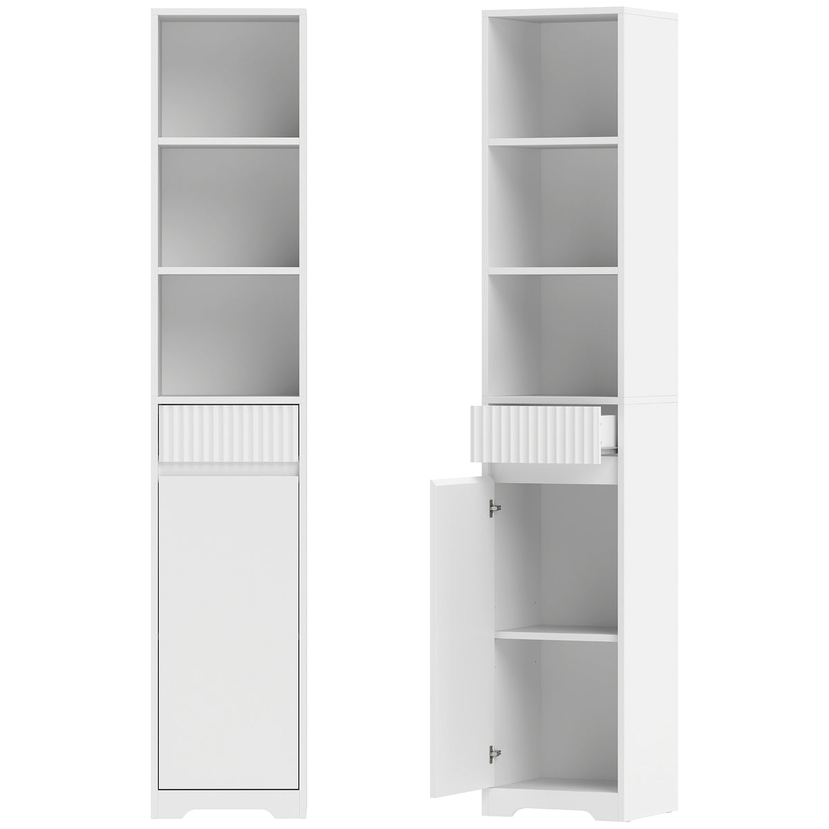 Meuble de salle de bain haut, meuble de rangement avec porte, tiroir, compartiments ouverts, étagère réglable, blanc-0