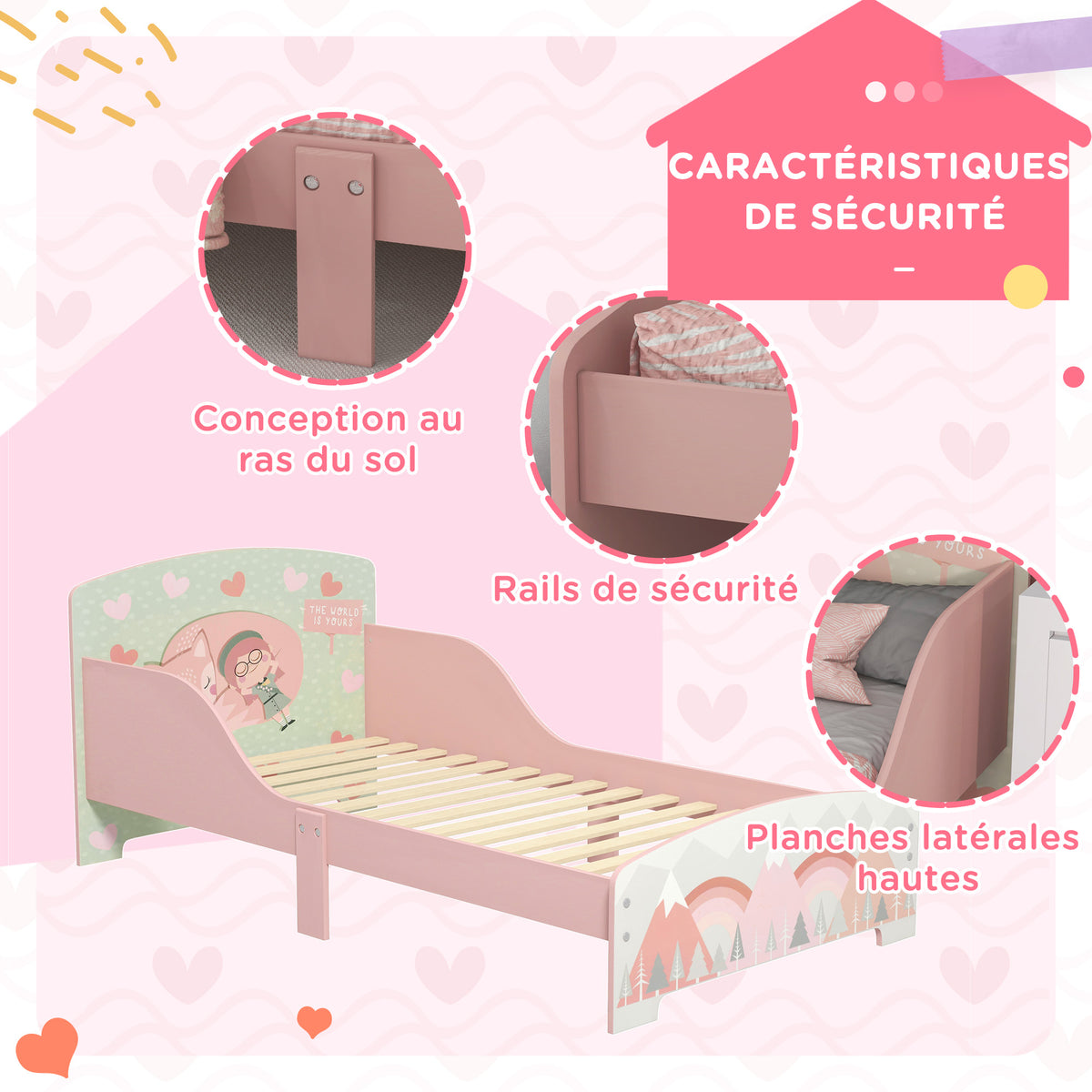 Lit pour enfant 3-6 ans avec barrières de sécurité et motifs dim. 77 x 143 x 60 cm sommier à lattes inclus - rose-4