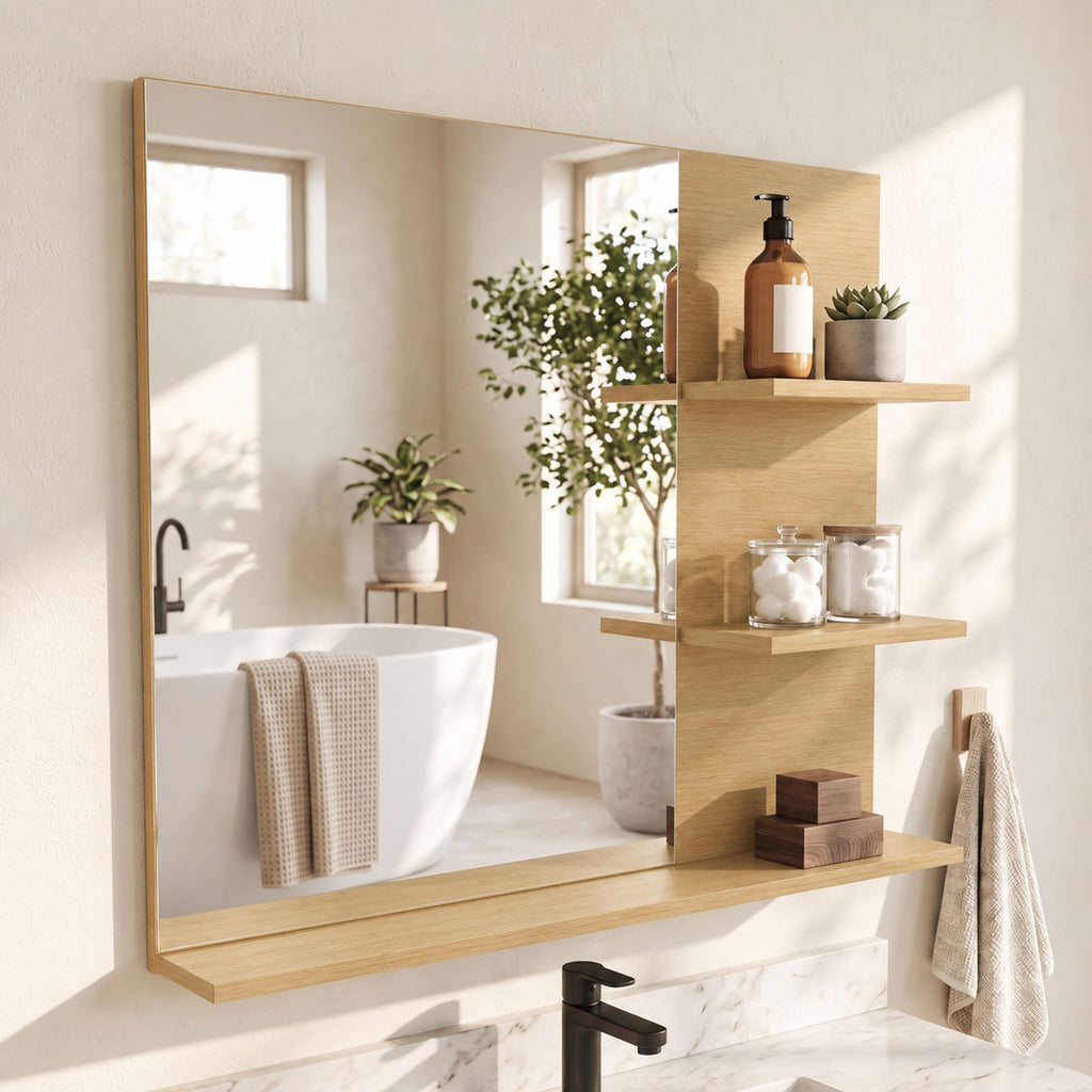 Miroir Salle de Bain avec 3 Étagères 60 x 48 cm, Miroir Mural Modern pour chambre à coucher, bureau, Chêne-6