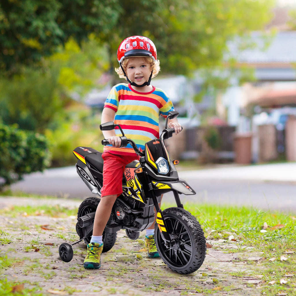 Moto électrique enfants sous licence Aprilia avec 2 moteurs 12V, roues d'entraînement, lumière LED, musique - jaune-9