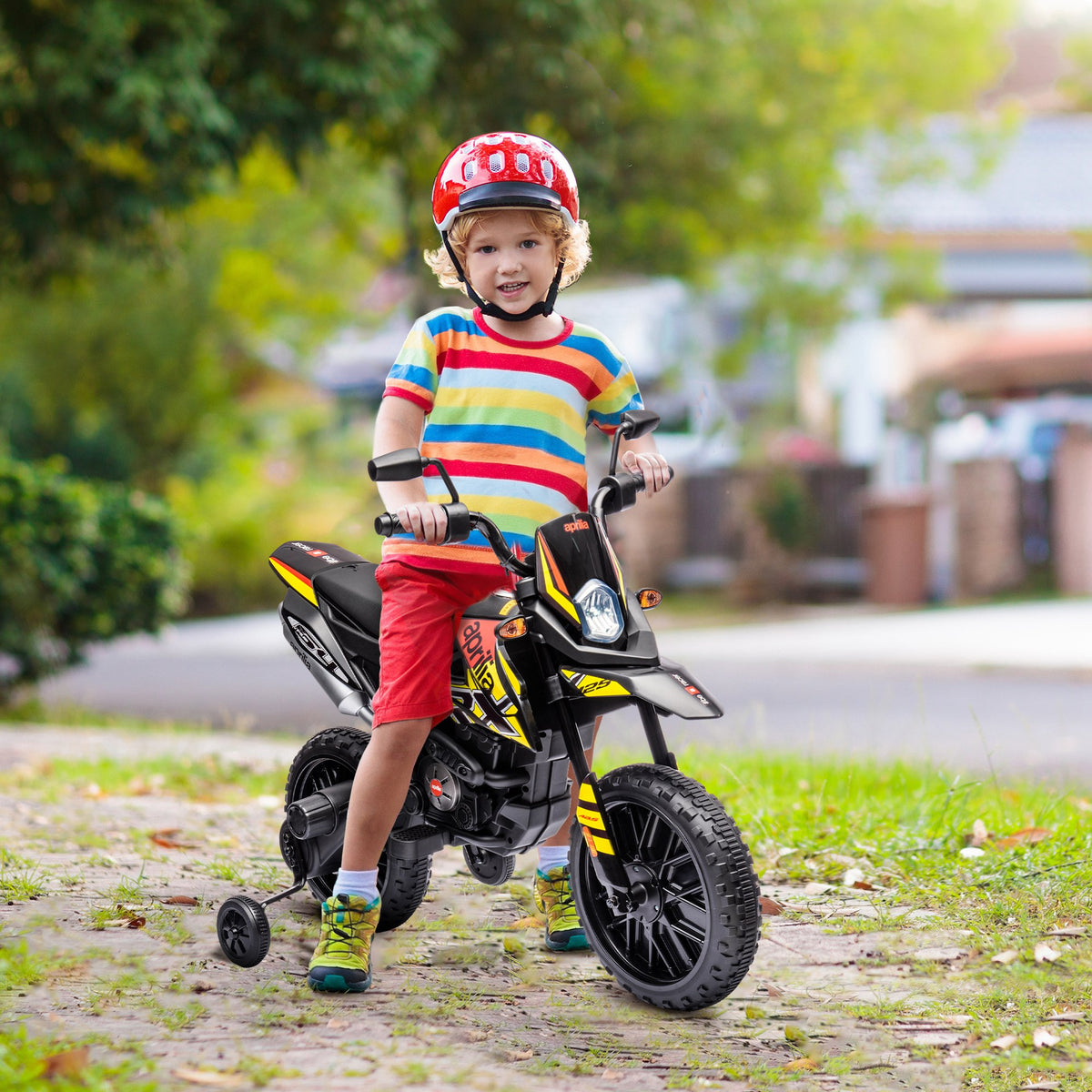 Moto électrique enfants sous licence Aprilia avec 2 moteurs 12V, roues d'entraînement, lumière LED, musique - jaune-9