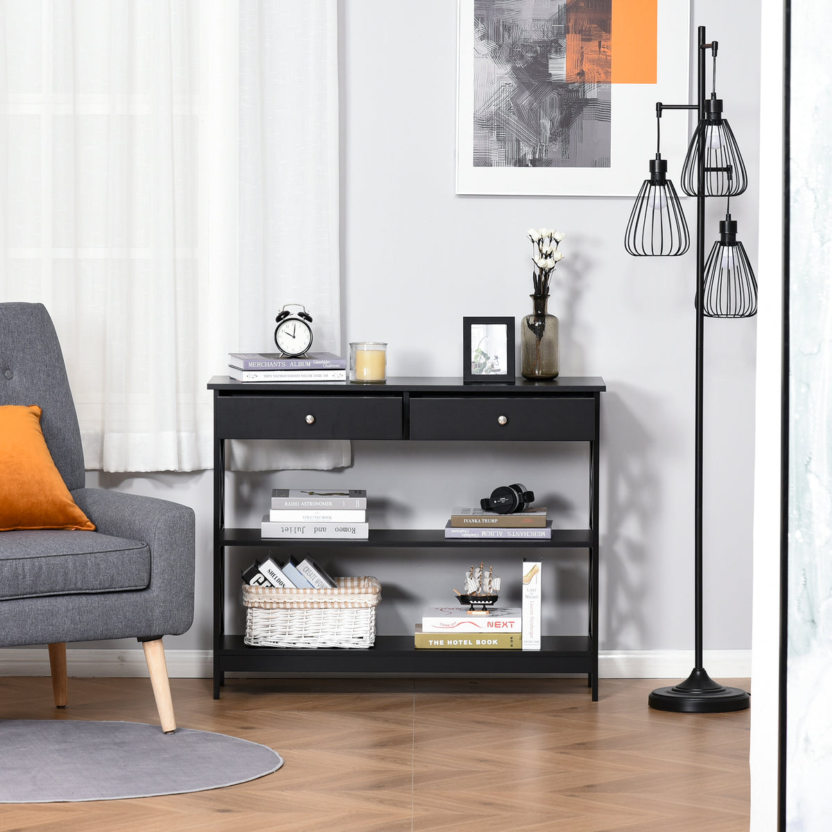 Table de console table d'entrée style table de drapier néo-rétro 2 tiroirs 2 étagères dim. 100L x 30,5l x 80H cm en bois noir-7