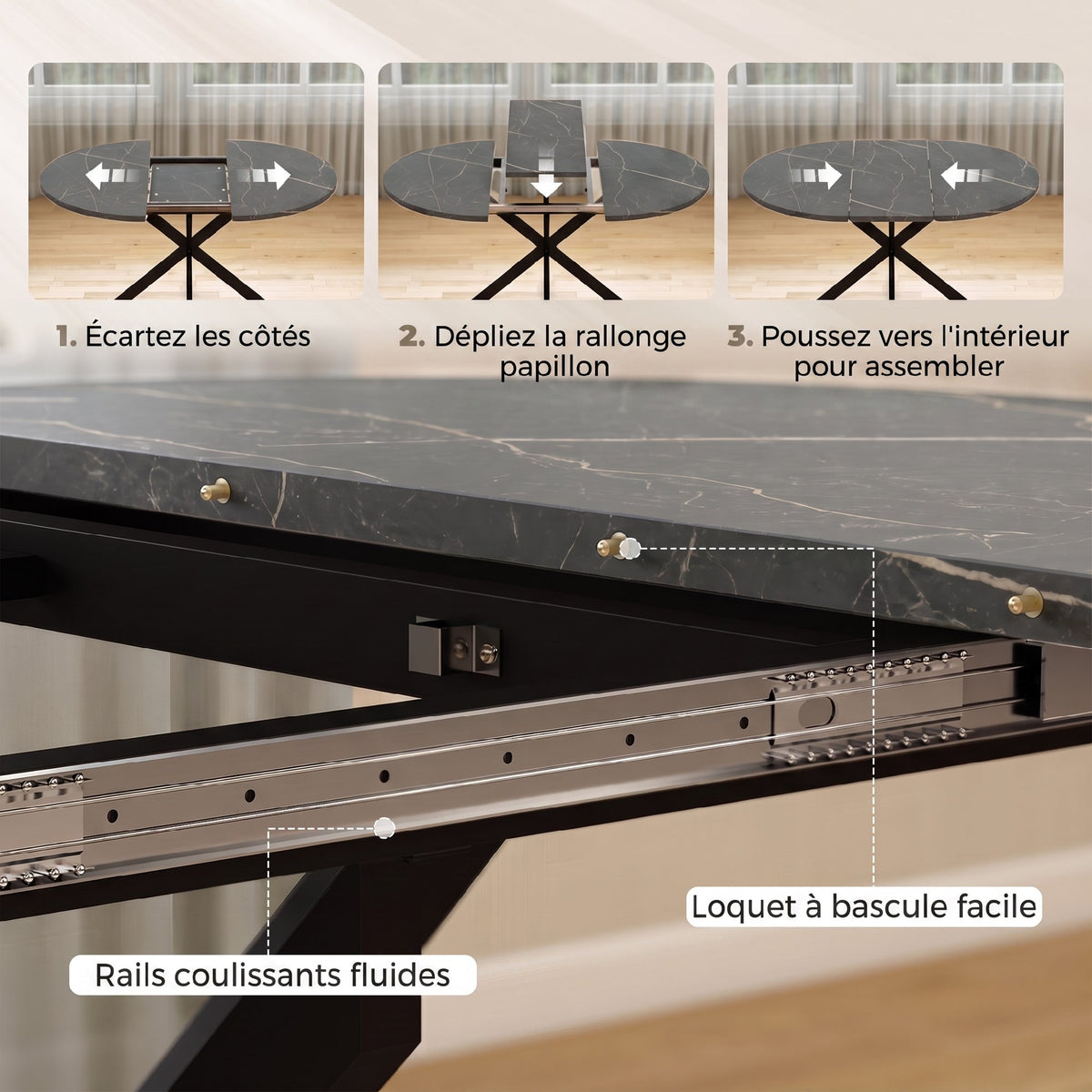 Table à manger extensible ovale pour 4 à 6 personnes, table de cuisine avec rallonge 100-135 cm, effet marbre noir-4