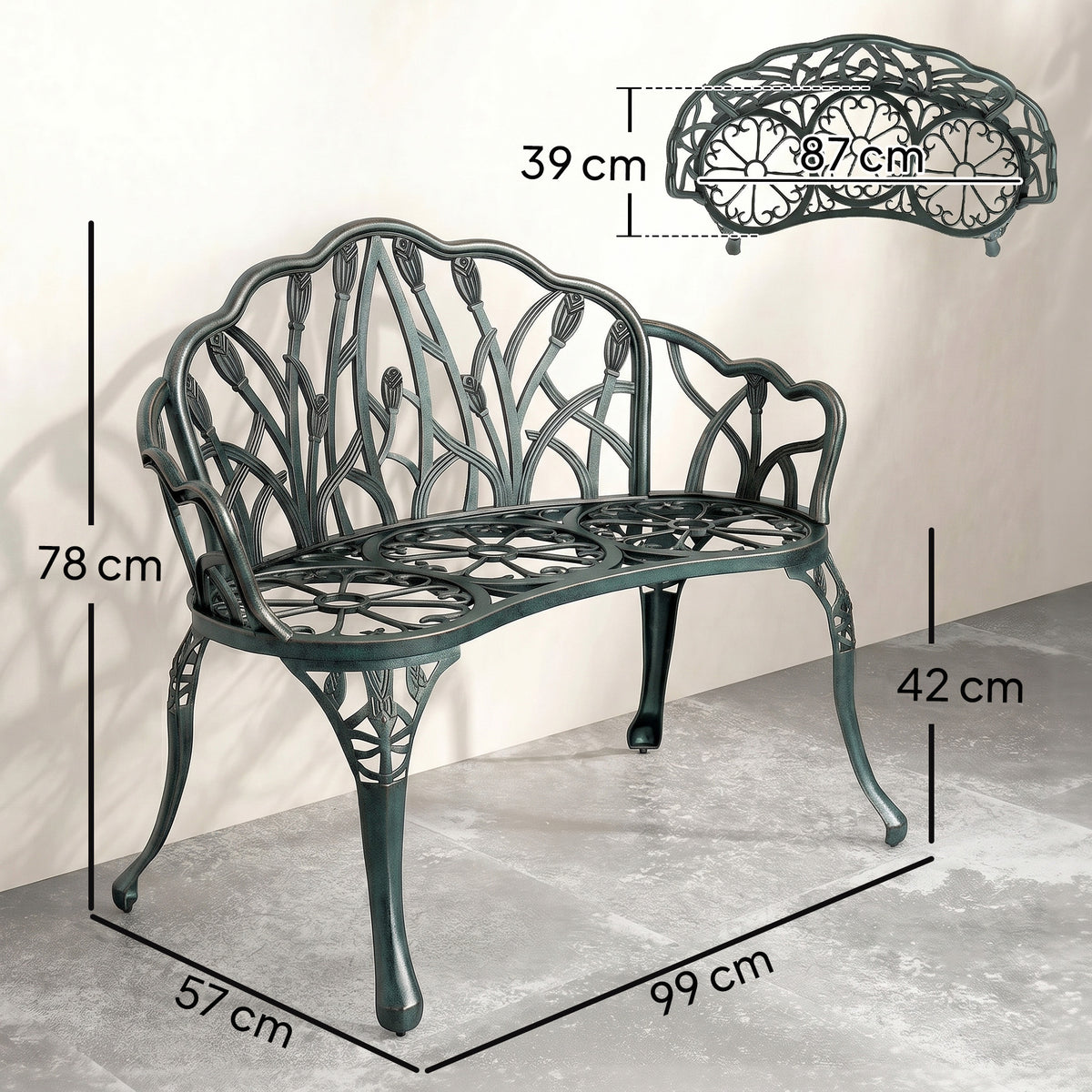 Banc de jardin en aluminium moulé, banc extérieur 2 places avec dossier tulipe, assise florale, 99x57x78cm, vert antique-2
