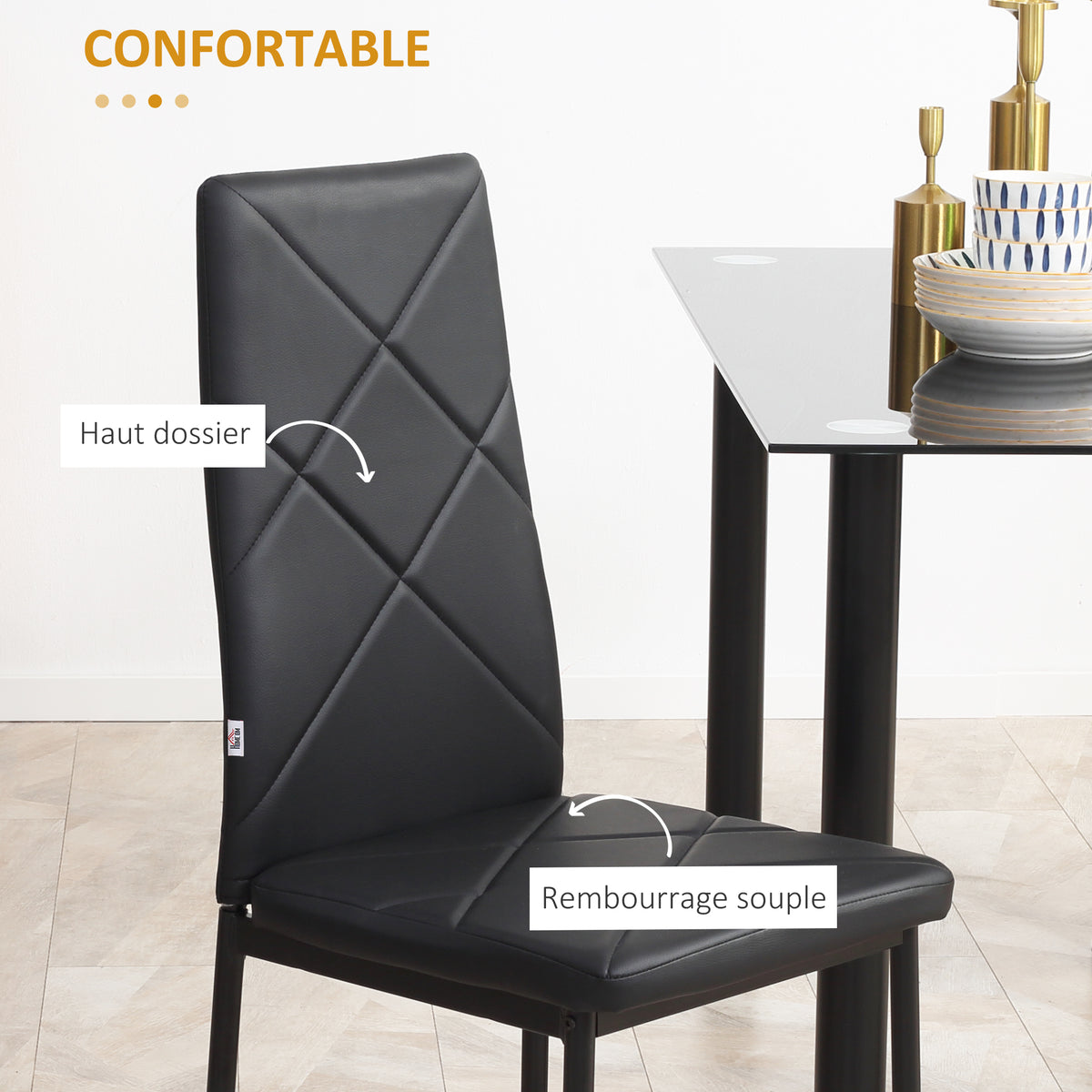 Lot de 4 chaises de salle à manger avec dossier haut, revêtement synthétique et pieds en acier, noir-5