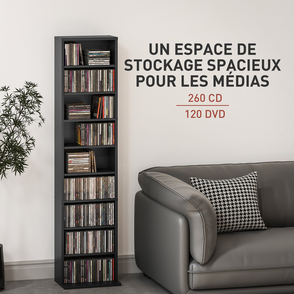Rangements pour CD et DVD 9 compartiments et 6 étagères réglables capacité max. 260 CD/120 DVD 33 x 24 x 140 cm noir-3
