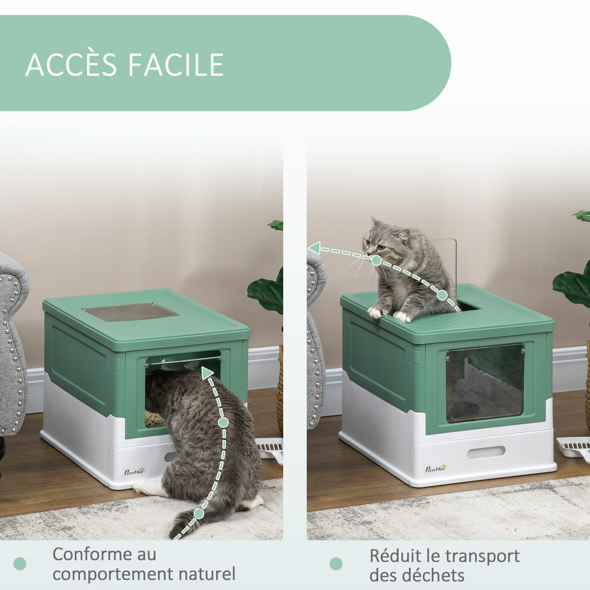 Maison de toilette pour chat pliable double porte battante et supérieure pelle fourni 47,5 x 35,5 x 36,7 cm vert-4