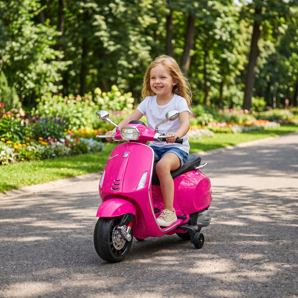 Scooter électrique enfant Vespa 6 V dim. 107L x 47l x 73H cm Musique MP3 Port USB Phare 2 roues d'entraînement - Rose-7