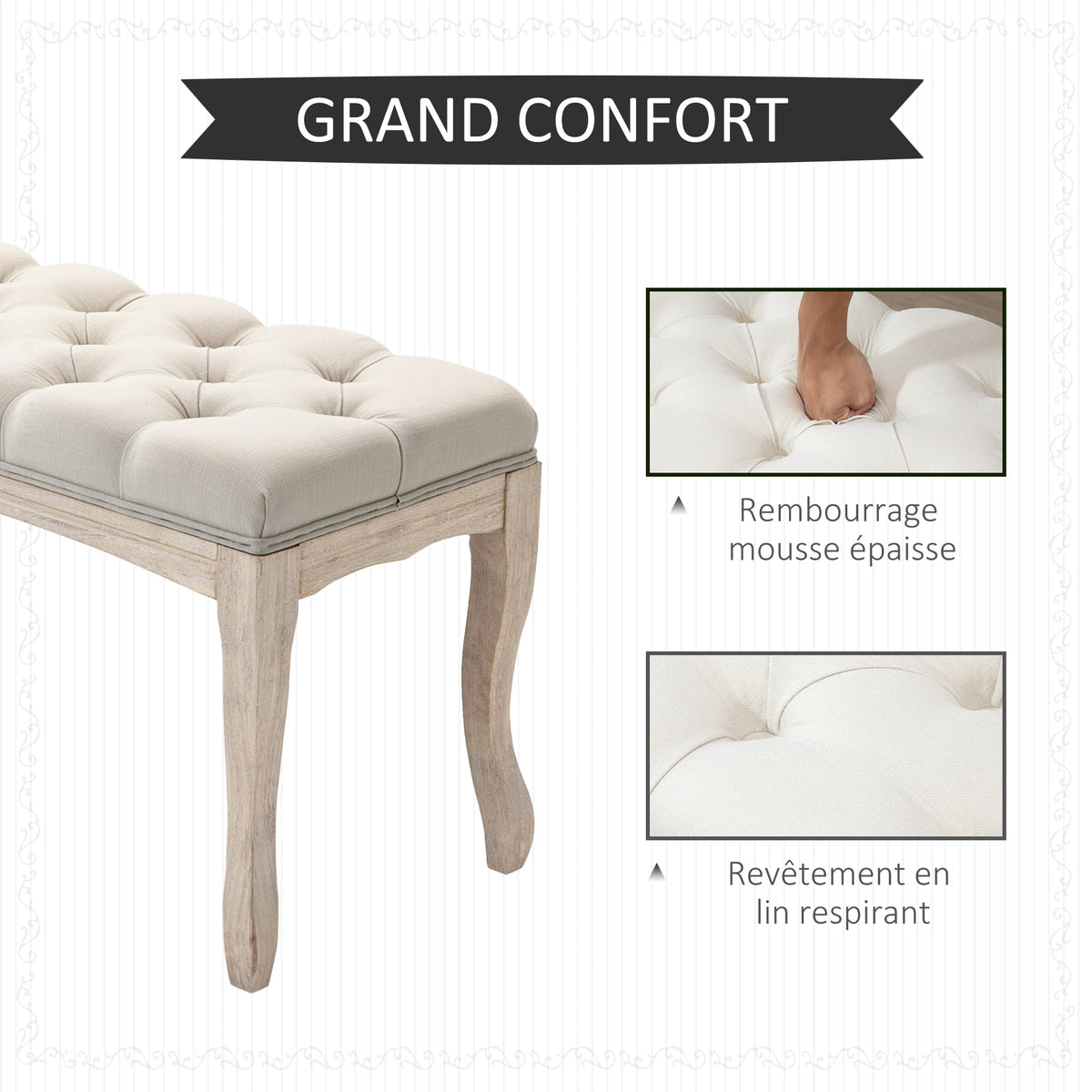 Lot de 2 banc Banquette capitonnée Style Classique 110 cm Bout de lit Rembourrée en lin piètement Bois hévéa sculpté-3