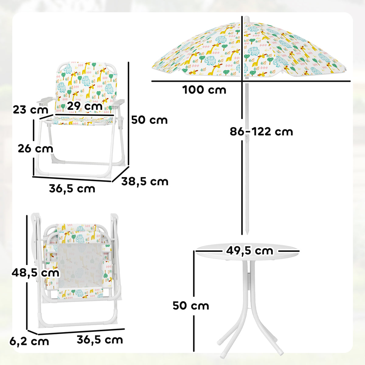 Ensemble salon de jardin extérieur enfant 4 pièces, motif éléphant et girafe, parasol réglable Ø 100 cm, chaise pliable-2
