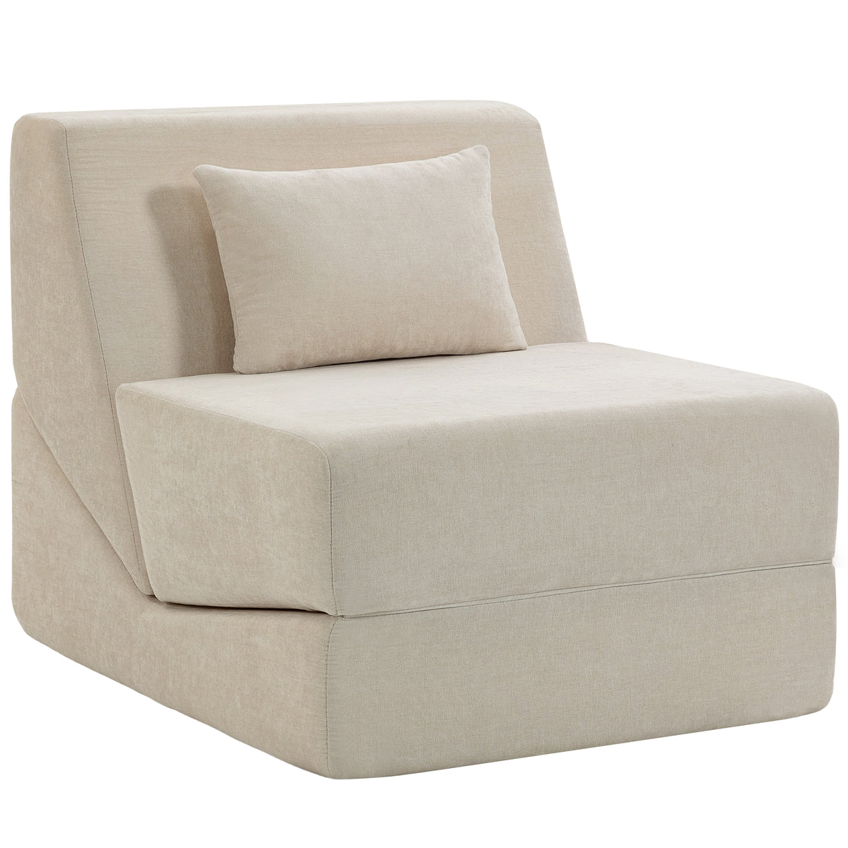 Canapé-Lit Pliant 3 en 1, Chauffeuse 1 Place Convertible en Chenille, Coussin et Dossier, Compressé Sans Montage, Beige-0