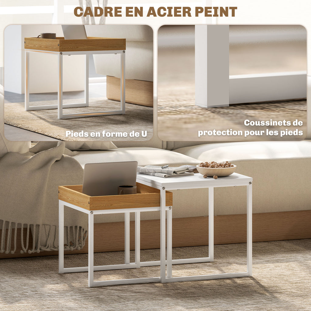 Lot de 2 tables basses gigognes carrées, tables gigognes de salon avec cadre en acier, style moderne, blanc-4