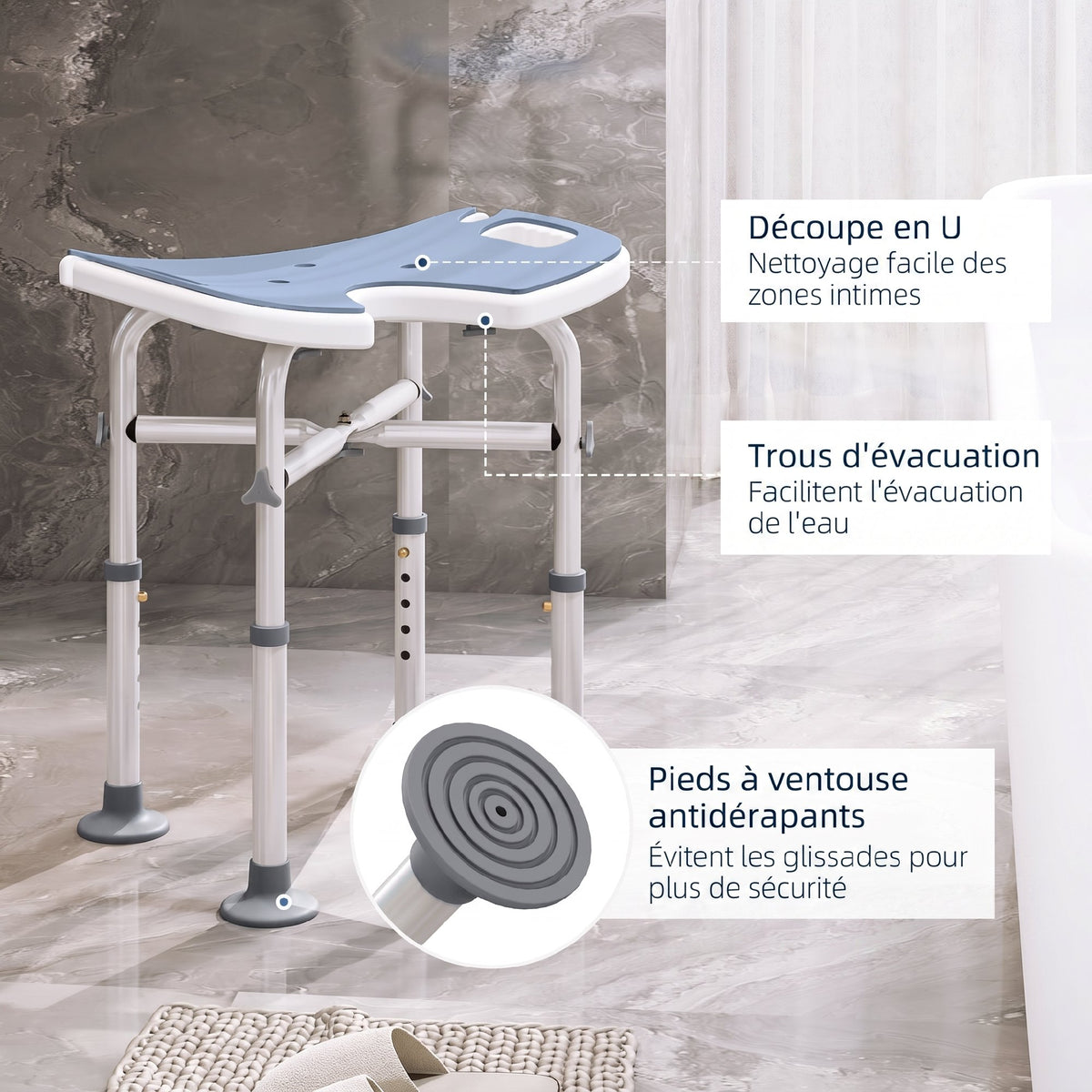 Tabouret de Douche, Hauteur Ajustable 39-51,5 cm, Barre d'Appui à Ventouse, Patins à Ventouse, Bleu Clair-3