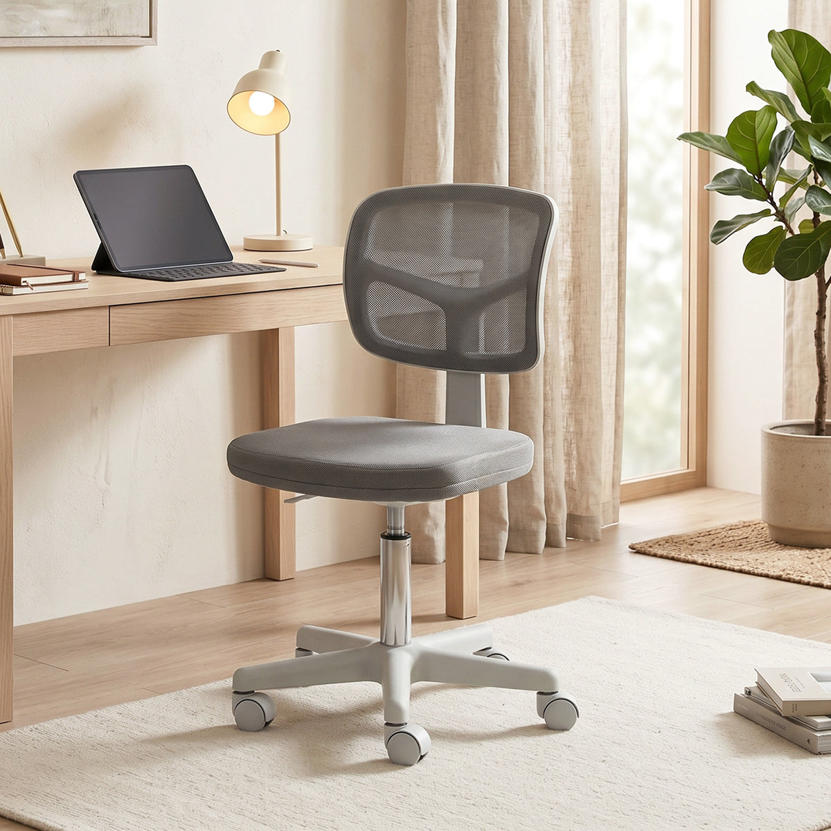 Chaise de Bureau Ergonomique Sans Accoudoirs, Fauteuil de Bureau Pivotant, Dossier Courbé en Maille et Roulettes, Gris-8