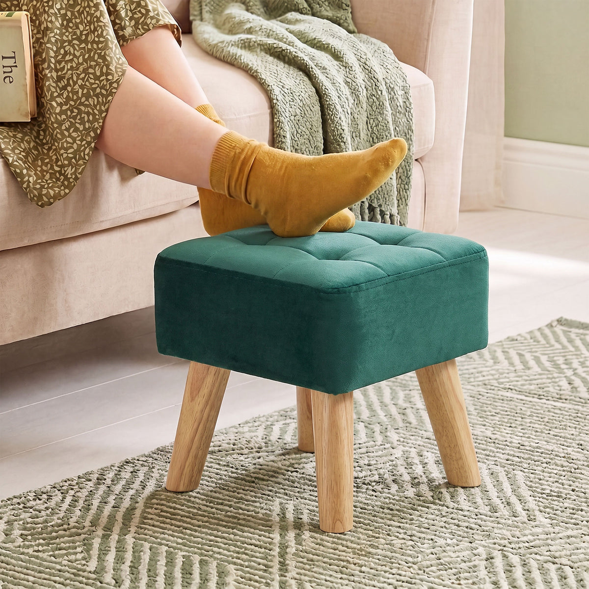 Repose-Pied Salon, Ottoman, Siège Rembourré en Tissu avec Pieds en Bois, 27 x 27 x 26 cm, Vert Foncé-3