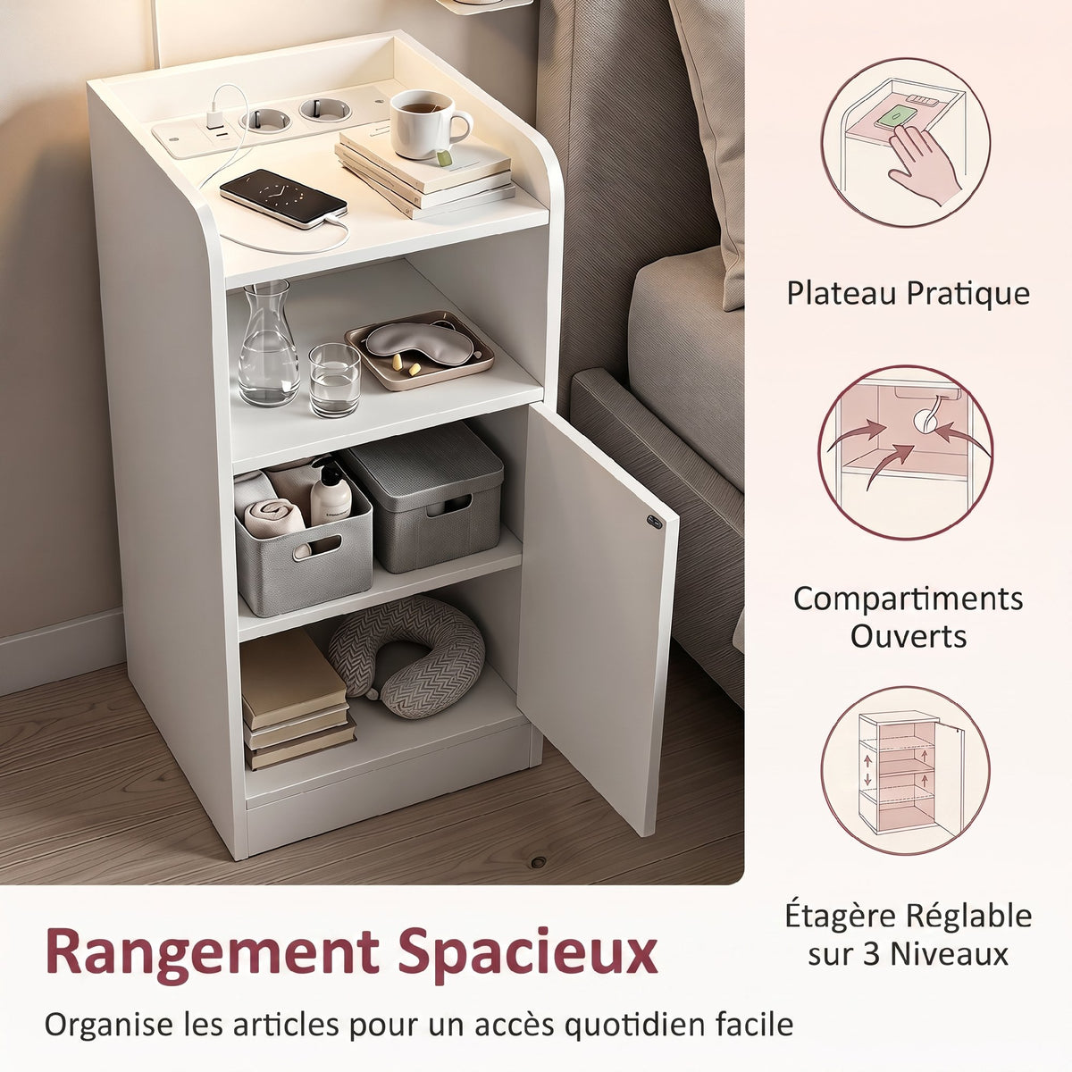 Lot de 2 tables de chevet avec station de charge, tables de nuit avec compartiment ouvert, étagère réglable, blanc-5