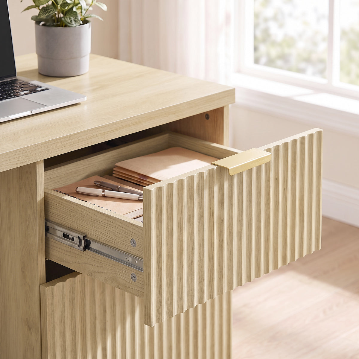 Bureau d'Ordinateur, Rangement Réversible, 3 Tiroirs Façades Ondulées, Plateau Épais et Spacieux, 120x50x76cm, Chêne-9