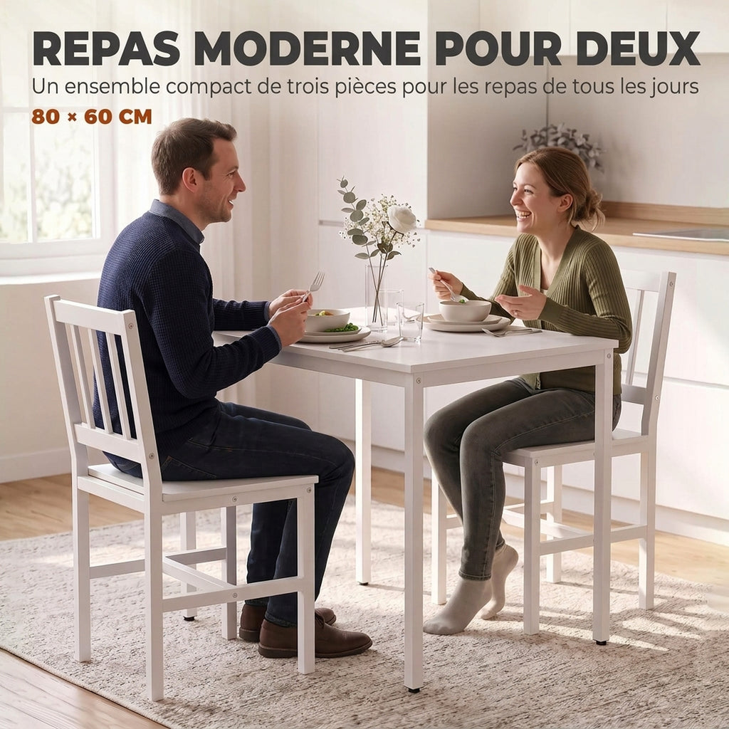 Ensemble Table Salle à Manger avec 2 Chaises, Table de Cuisine Rectangulaire 80 cm, Chaises à Dossier à Lattes, Blanc-3