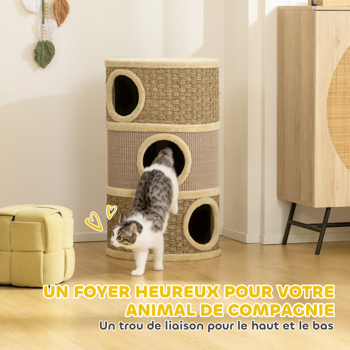 Tonneau à Gratter pour Chat Arbre à Chat Sisal Naturel et Herbiers Marins Recouvert de Peluche 45 x 45 x 79cm Kaki Café-3