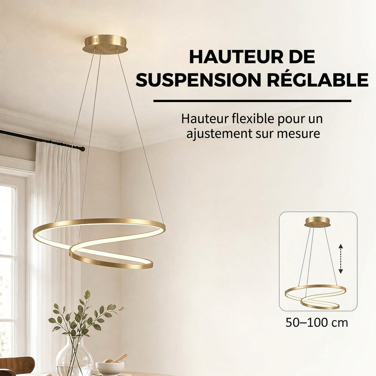 Suspension Luminaire avec 2 Anneaux, Lustre Suspendu LED à 3 Températures de Couleur, Hauteur Réglable, Doré-4