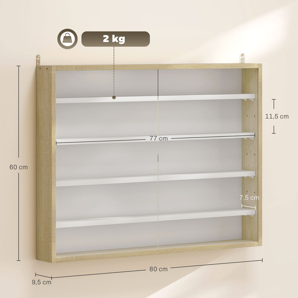 Vitrine pour collection vitrine murale 80 x 9,5 x 60 cm 4 étagères réglables en hauteur 2 portes coulissantes en verre-2