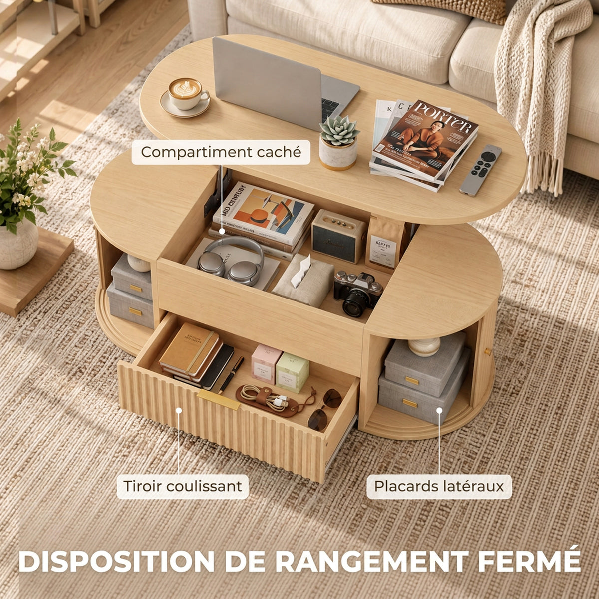 Table Basse Relevable Ovale, Compartiment Caché, Tiroir Cannelé, Portes Coulissantes et Placards, 100x50x40cm, Chêne-4