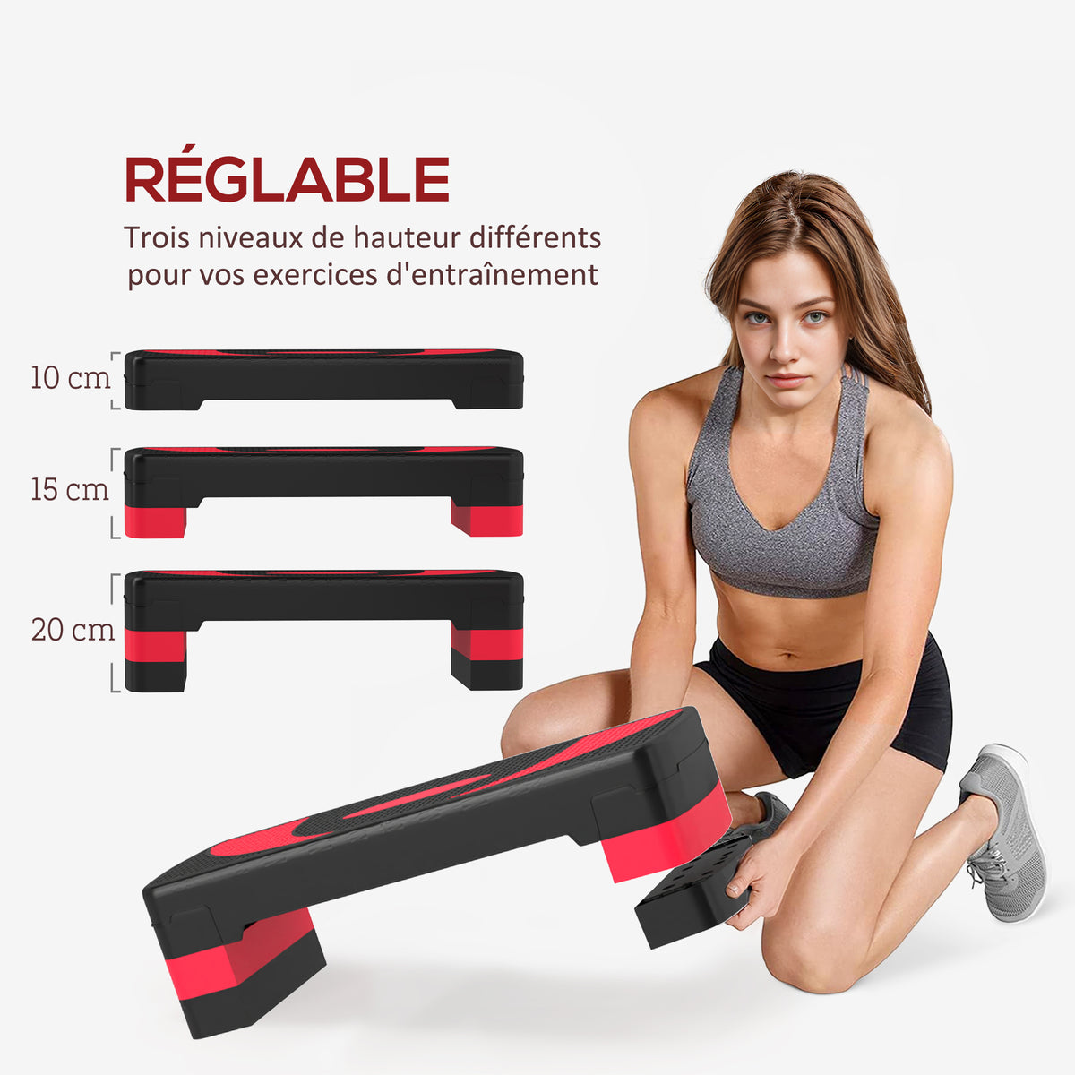 Stepper fitness aérobic hauteur réglable surface antidérapante 80 x 31 x 20 cm noir rouge-3
