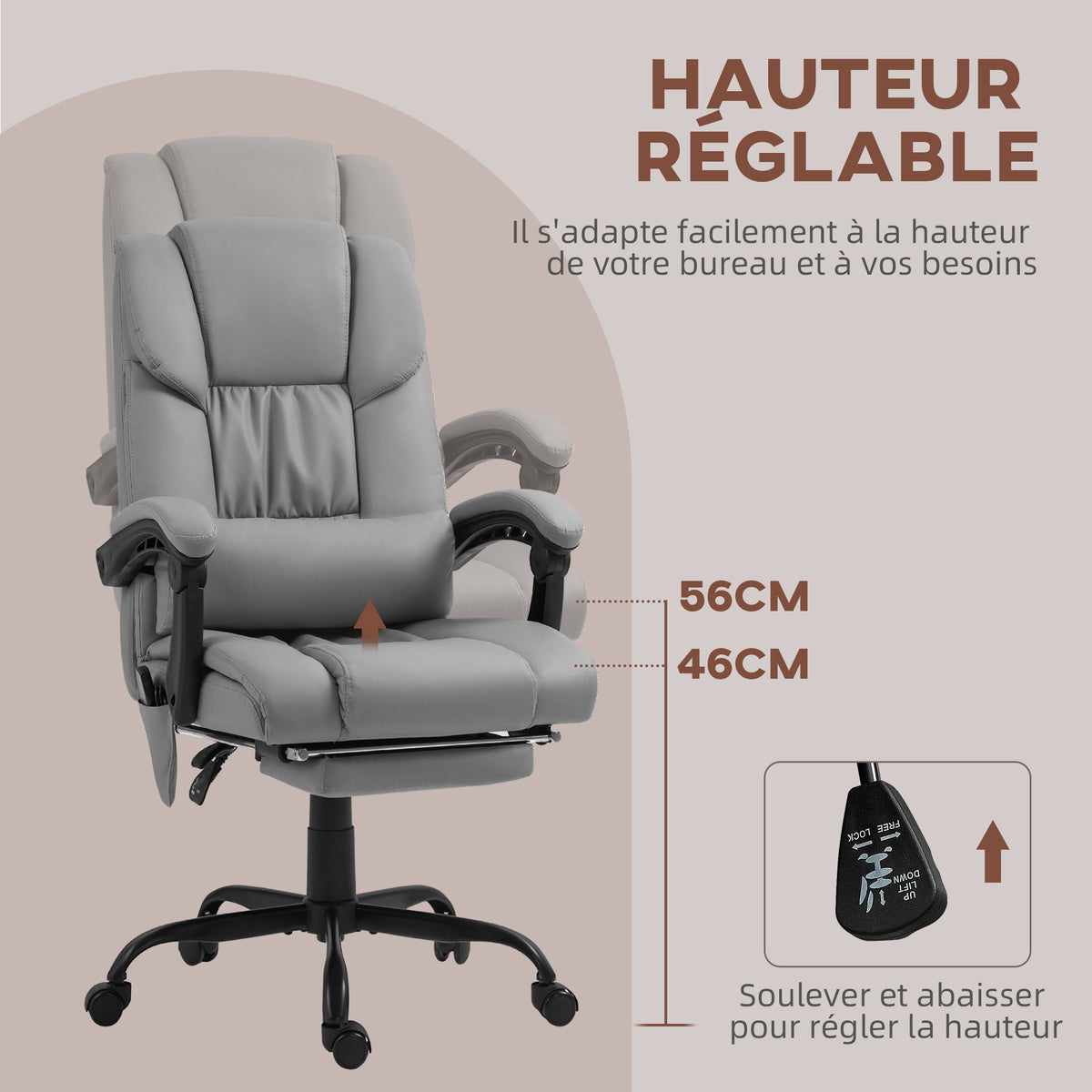 Fauteuil de bureau massant avec repose-pied, hauteur réglable, dossier inclinable, télécommande filaire, pivotant à 360°-3