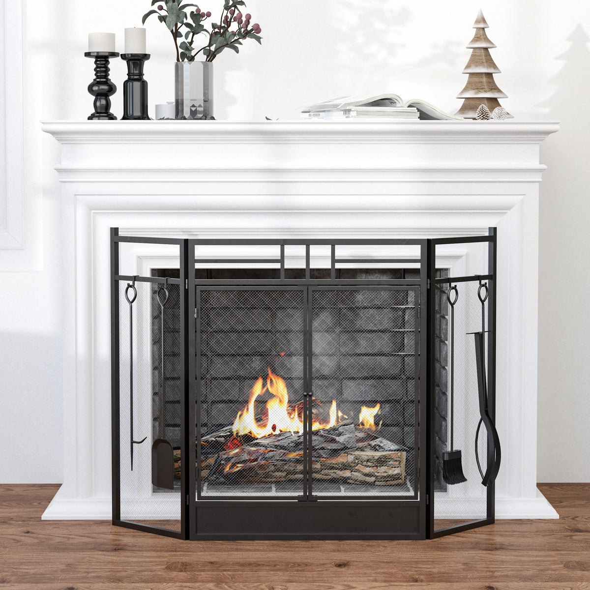 Pare-feu Large pour cheminée ou poêle - Pare-étincelles serviteur de cheminée 2 en 1 avec Accessoires - 3 Volets Pliables et Porte - Acier métal Noir-1
