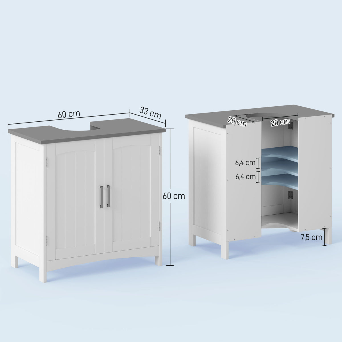 Meuble salle de bain sous lavabo à double portes avec étagères réglables, blanc-2