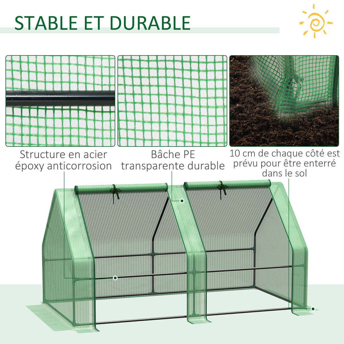 Mini Serre de Jardin Mini Serre Tunnel 180L x 90l x 90H cm Toit Pointu Acier PE Haute Densité 140 g/m² Anti-UV Fenêtres avec Zip Enroulables Vert-6