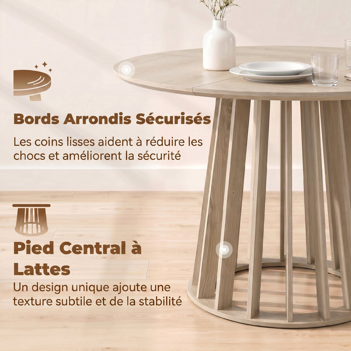 Table à Manger Ronde pour 4 à 6 Personnes, Ø 120 x 75 cm, Table de Cuisine avec Piétement à Lattes Robuste, Bois Naturel-4